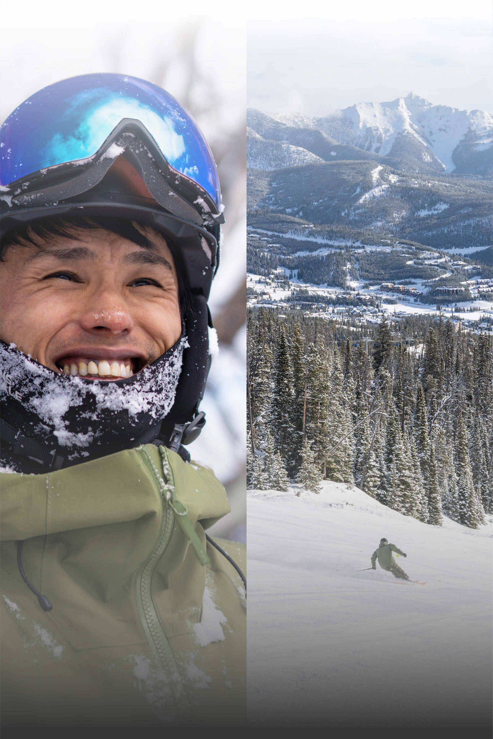 Side-by-side images of a man smiling in ski gear and the man skiing on a groomed ski run at Big Sky Resort