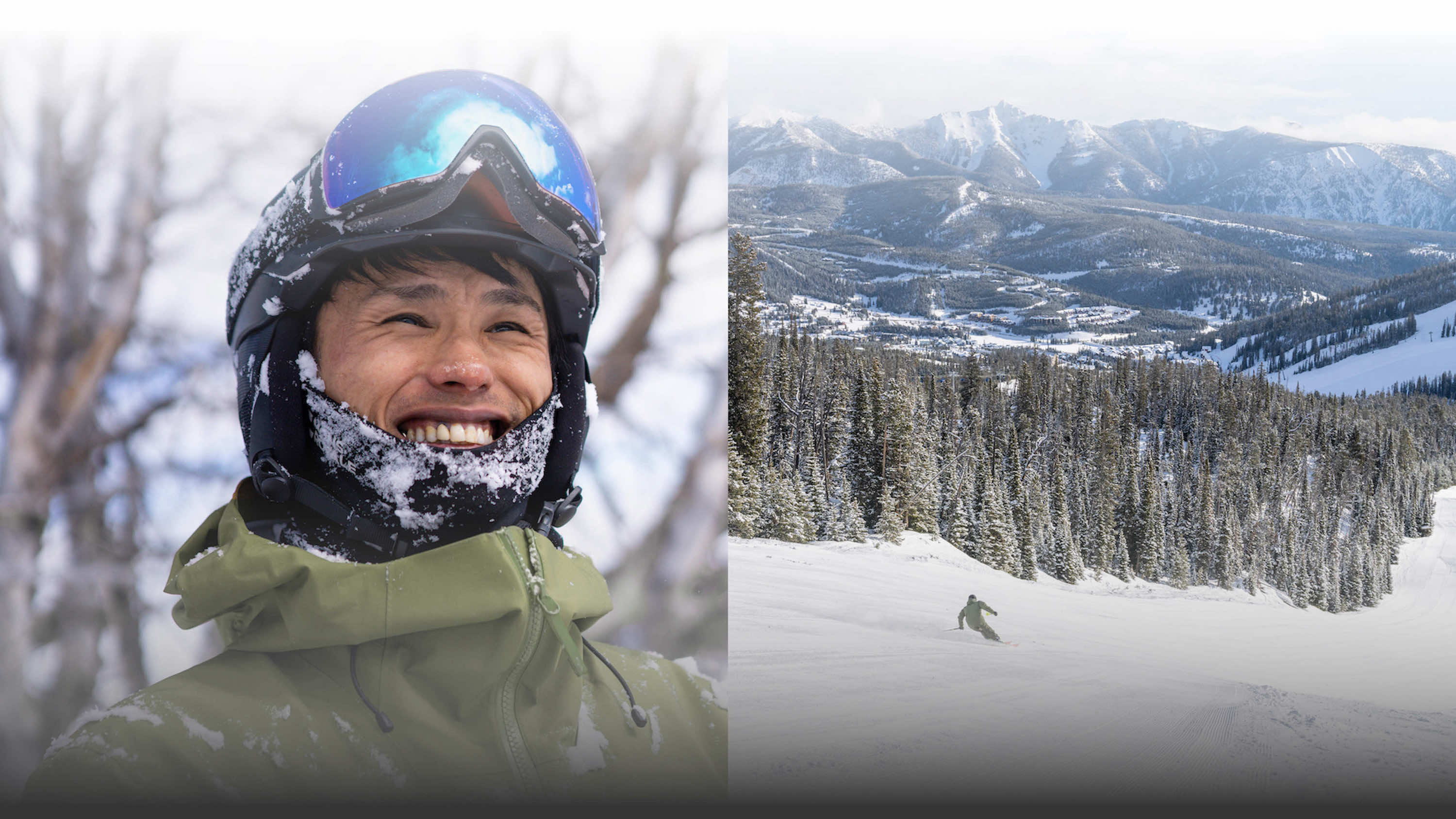 Side-by-side images of a man smiling in ski gear and the man skiing on a groomed ski run at Big Sky Resort