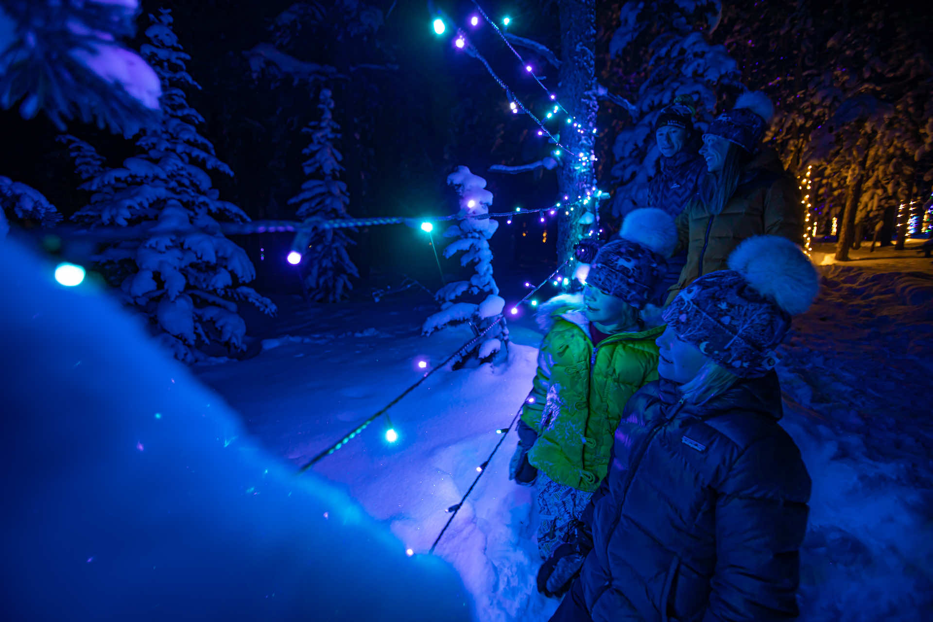 Kids playing in snow around fairy lights