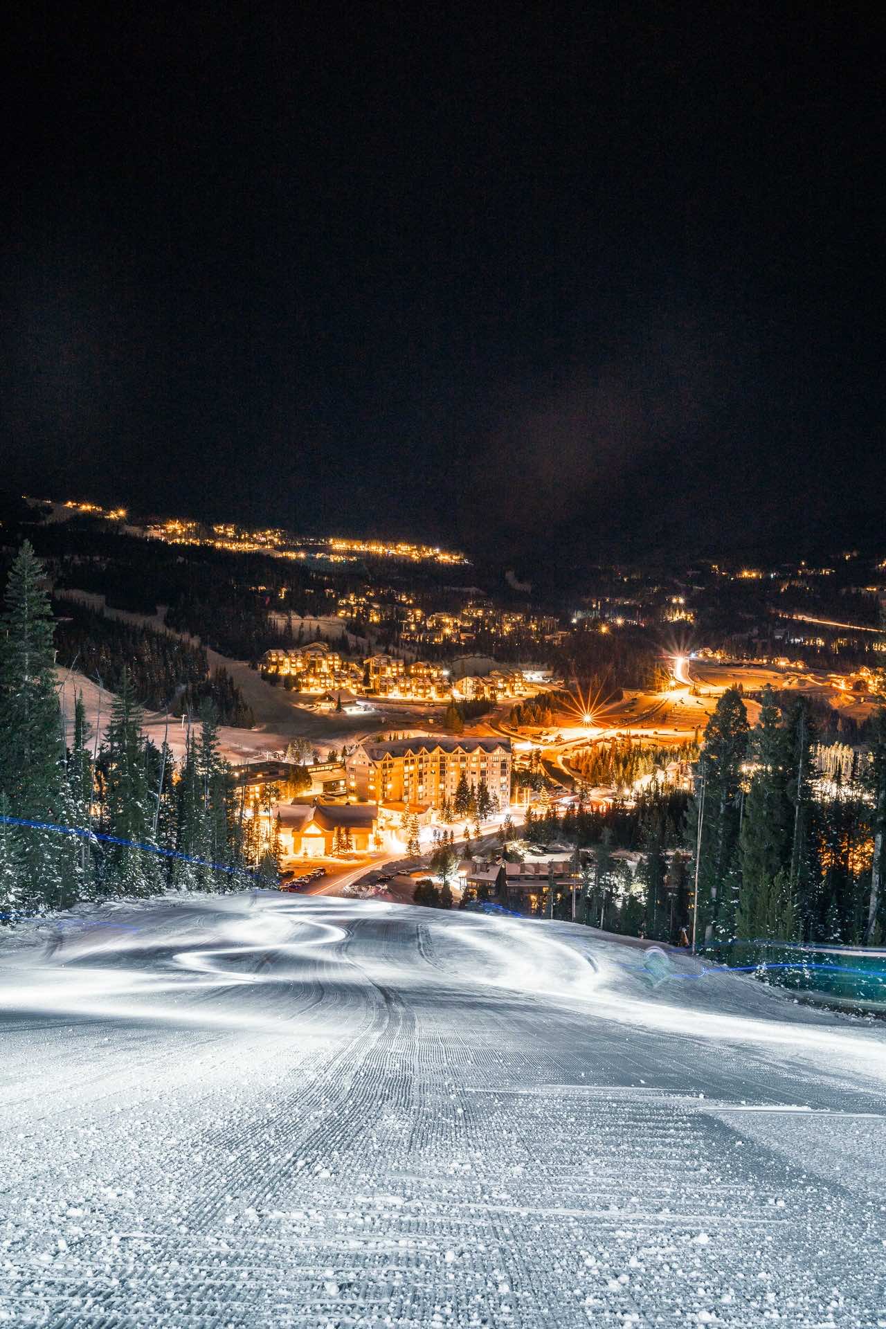 Headlamp Night Skiing view of Mountain Village