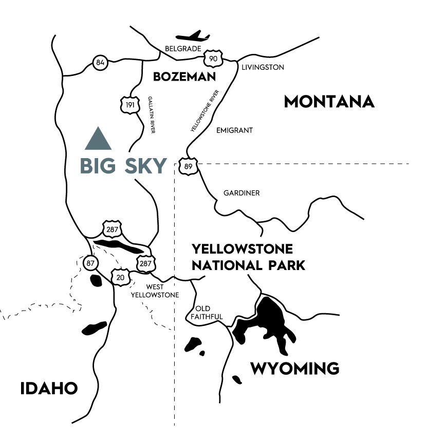 Area map showing Big Sky's location relative to Bozeman, Yellowstone National Park, and more.